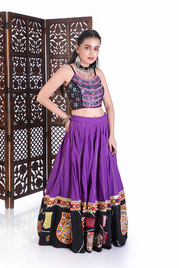 mirror work choli & flared purple lehenga set with traditional border
