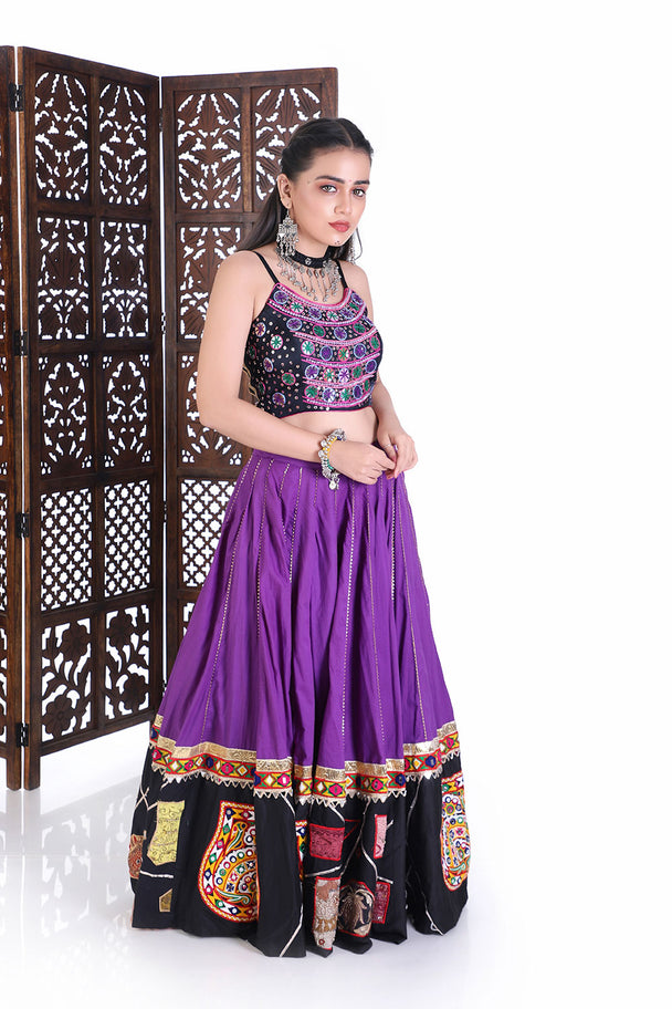 mirror work choli & flared purple lehenga set with traditional border