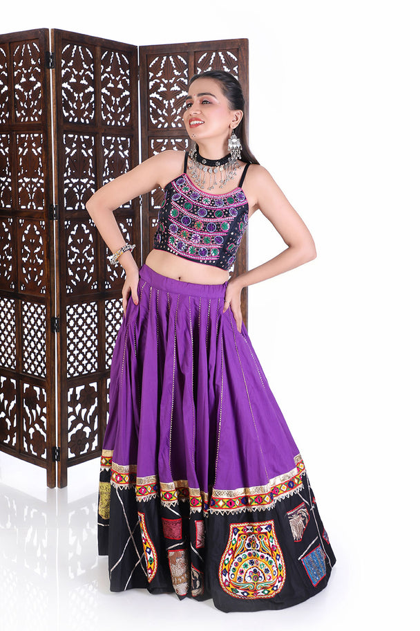 mirror work choli & flared purple lehenga set with traditional border