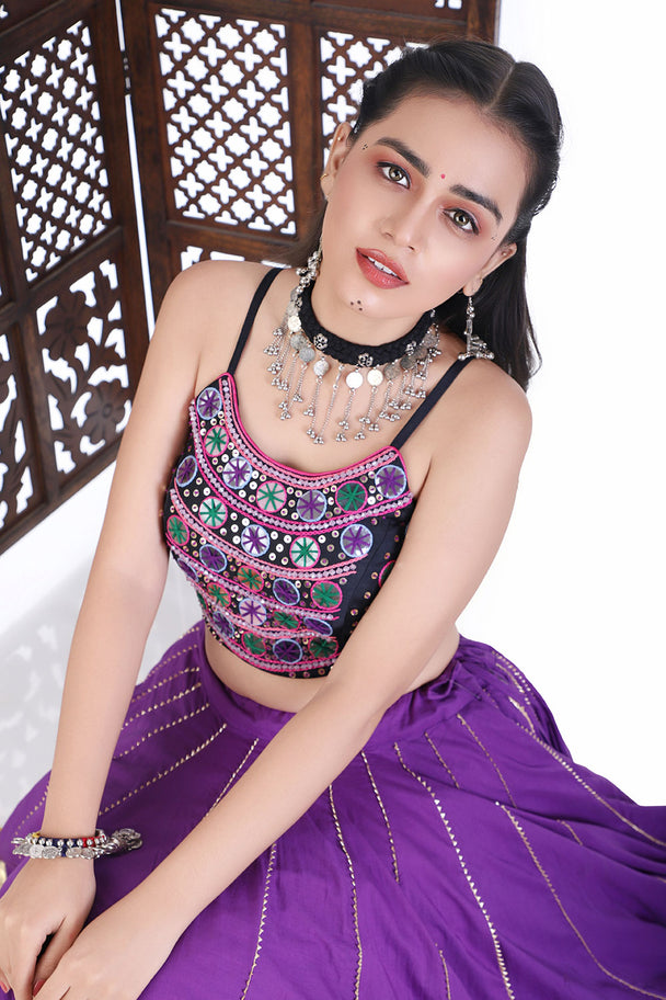 mirror work choli & flared purple lehenga set with traditional border