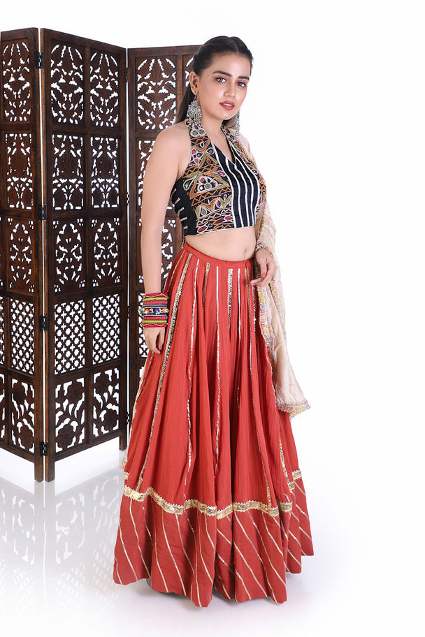traditional navratri chaniya choli set - embroidered halter neck blouse & rust flared lehenga for weddings & festivals