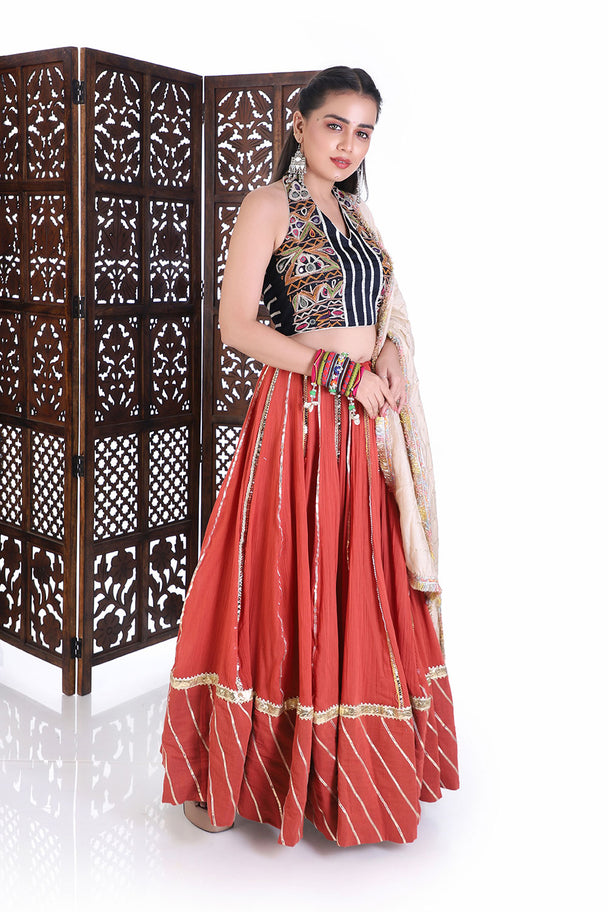 traditional navratri chaniya choli set - embroidered halter neck blouse & rust flared lehenga for weddings & festivals