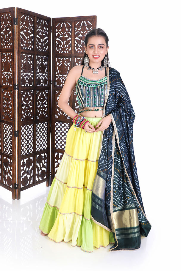traditional hand embroidered blouse with lime ombre lehenga & bandhani dupatta