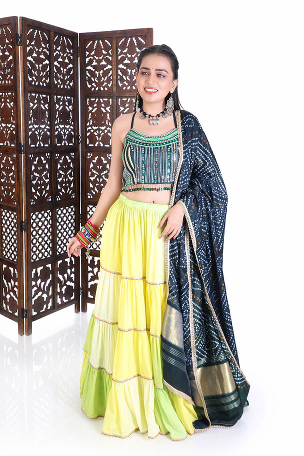 traditional hand embroidered blouse with lime ombre lehenga & bandhani dupatta