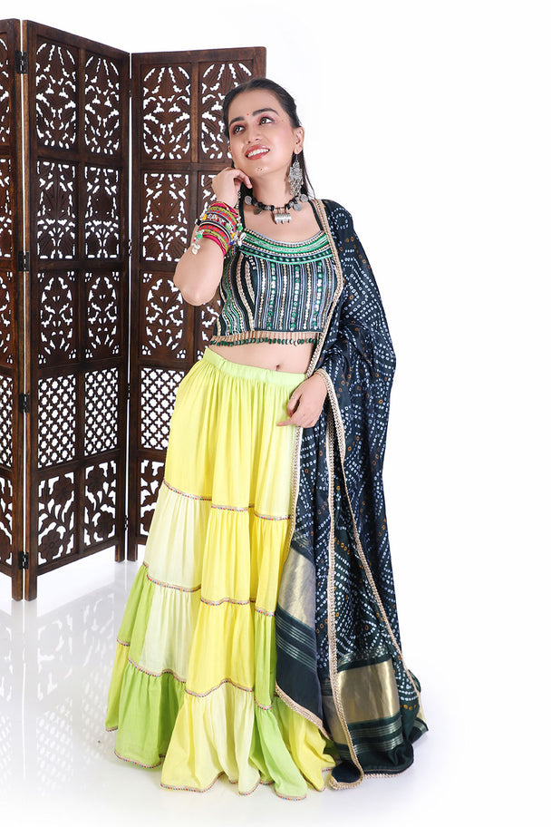 traditional hand embroidered blouse with lime ombre lehenga & bandhani dupatta