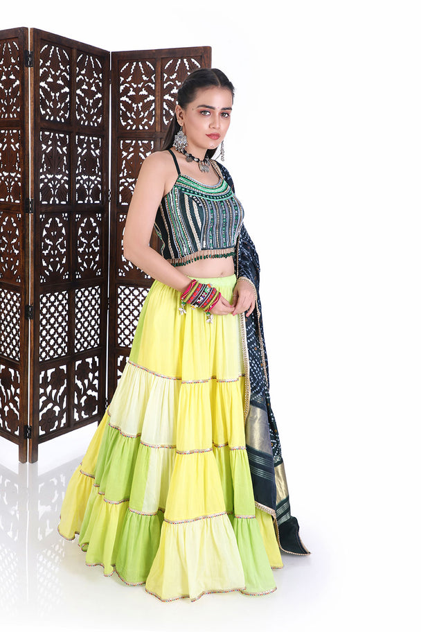 traditional hand embroidered blouse with lime ombre lehenga & bandhani dupatta