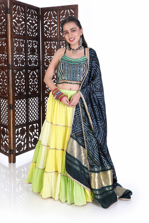 traditional hand embroidered blouse with lime ombre lehenga & bandhani dupatta