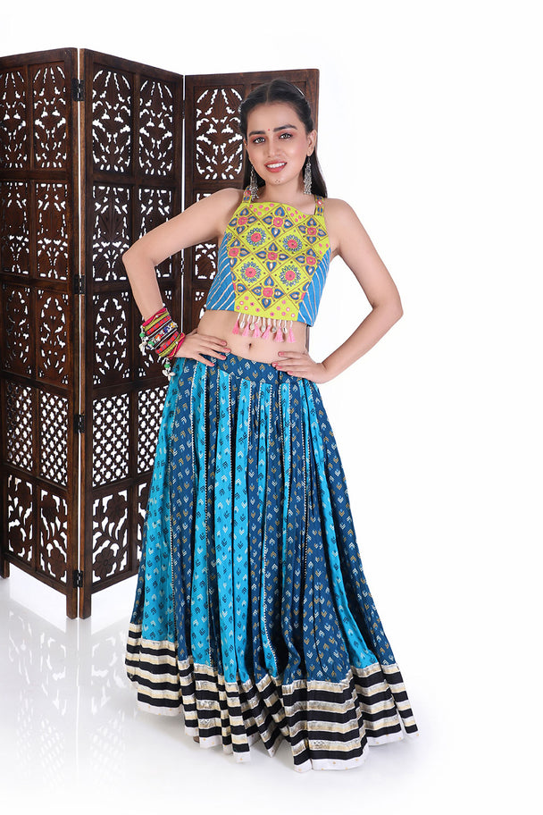 traditional Printed Lehenga with tassel neon colour choli