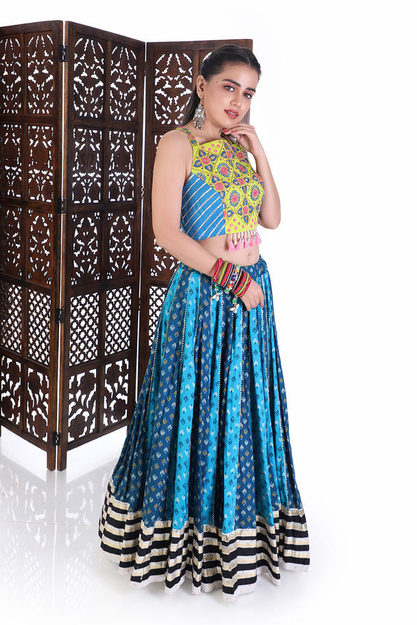 traditional Printed Lehenga with tassel neon colour choli