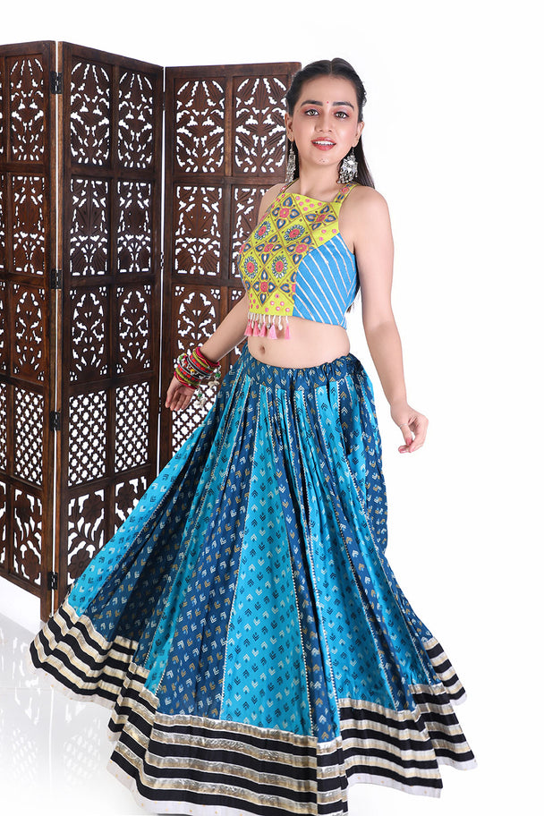 traditional Printed Lehenga with tassel neon colour choli