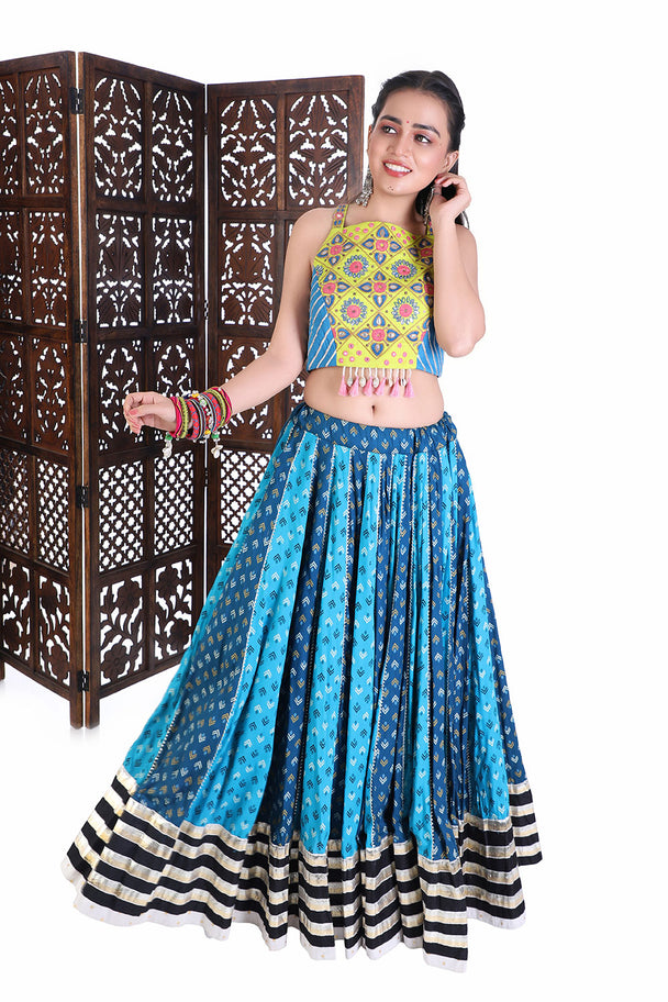 traditional Printed Lehenga with tassel neon colour choli