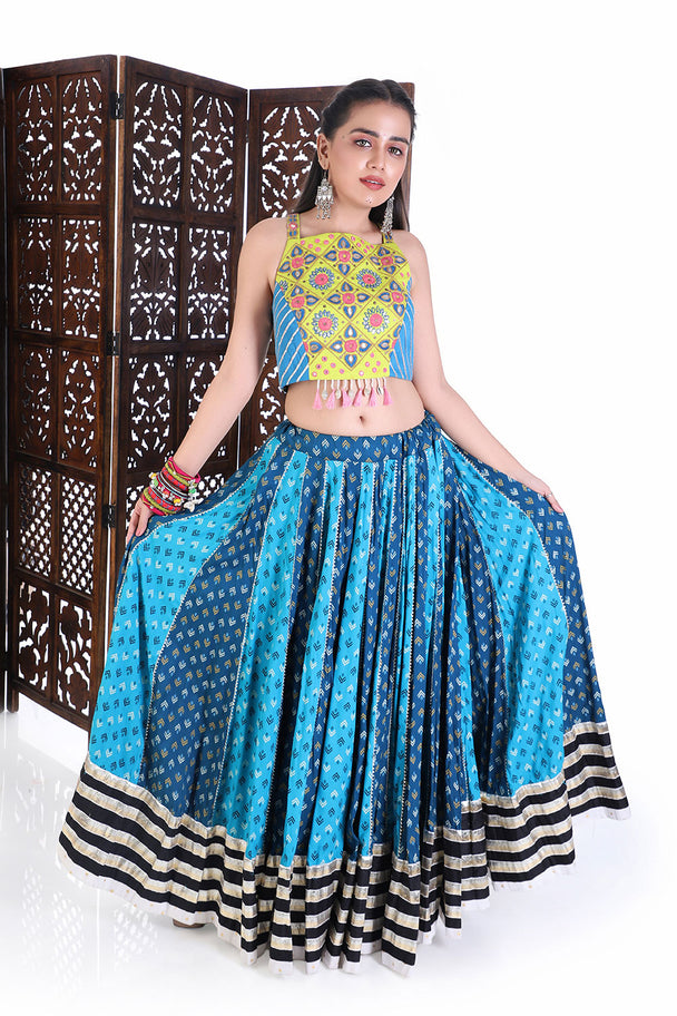 traditional Printed Lehenga with tassel neon colour choli