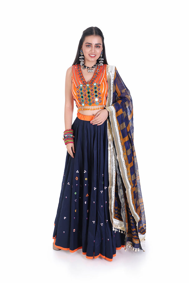 ethnize orange mirror work  blouse with navy blu mirror work chaniya set