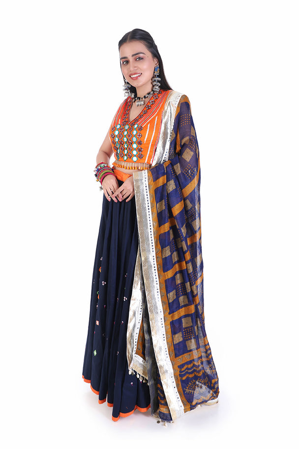 ethnize orange mirror work  blouse with navy blu mirror work chaniya set