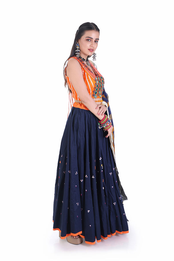 ethnize orange mirror work  blouse with navy blu mirror work chaniya set