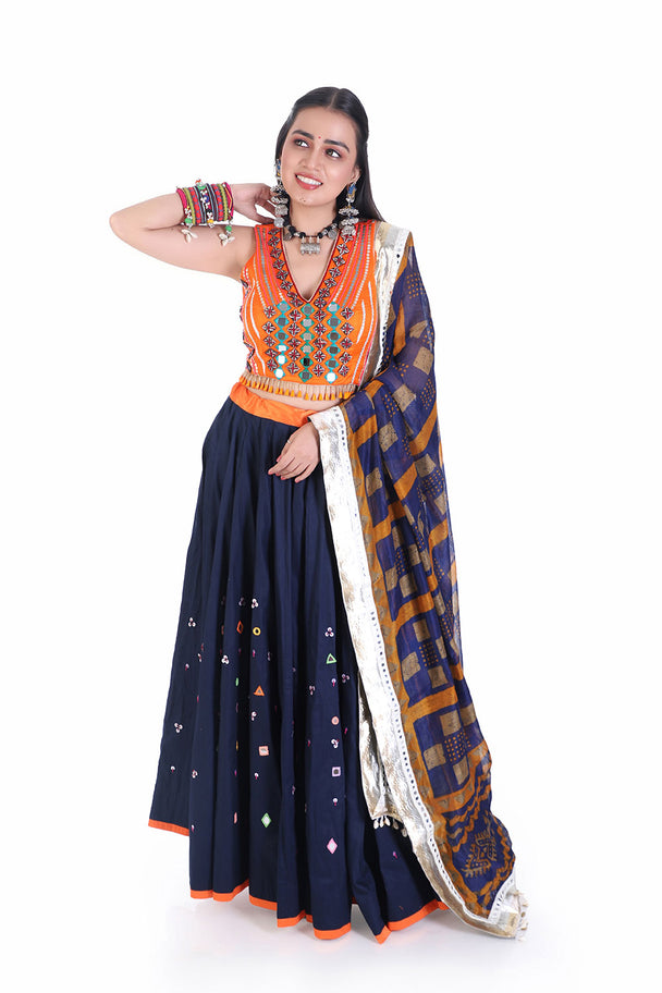 ethnize orange mirror work  blouse with navy blu mirror work chaniya set