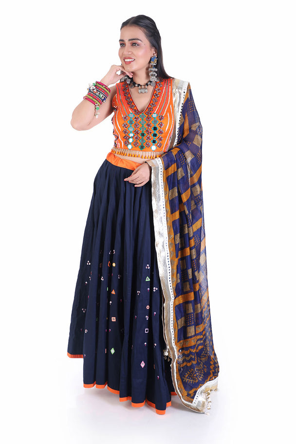 ethnize orange mirror work  blouse with navy blu mirror work chaniya set