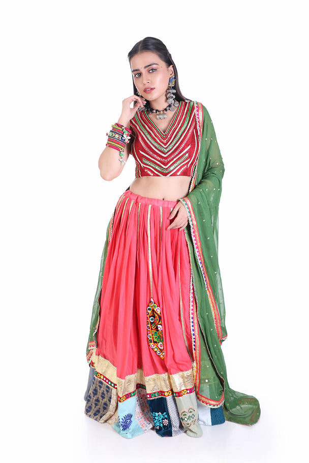 Coral Pink traditional lehenga with hand embroidered blouse - green dupatta