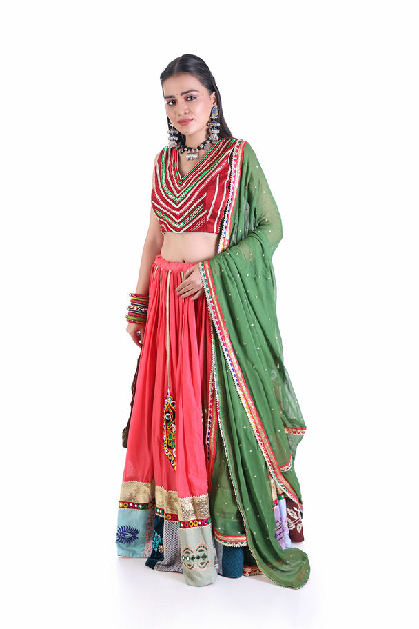Coral Pink traditional lehenga with hand embroidered blouse - green dupatta