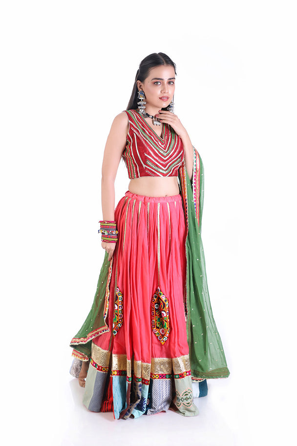 Coral Pink traditional lehenga with hand embroidered blouse - green dupatta