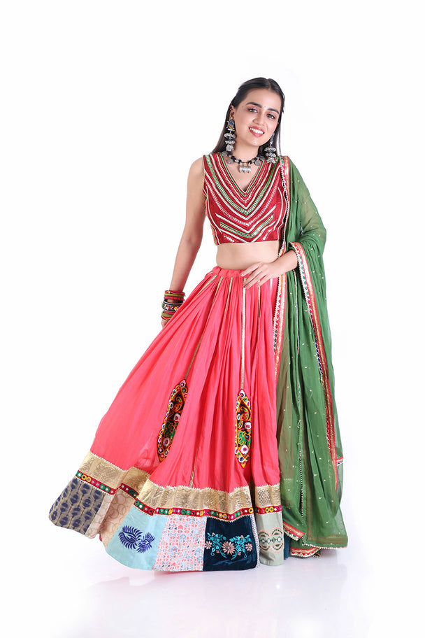 Coral Pink traditional lehenga with hand embroidered blouse - green dupatta