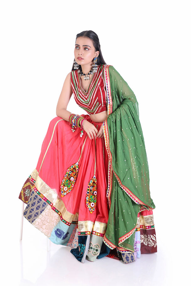 Coral Pink traditional lehenga with hand embroidered blouse - green dupatta
