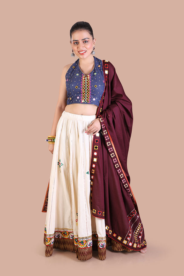 halter neck blouse hand embroidered pure cream lehenga with brick brown mirror work dupatta