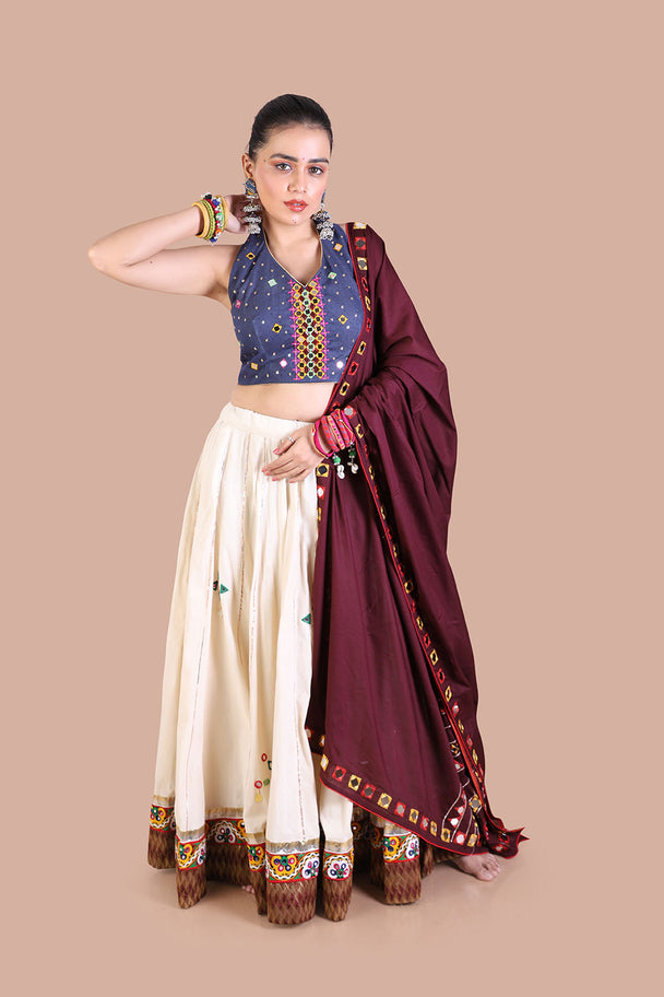 halter neck blouse hand embroidered pure cream lehenga with brick brown mirror work dupatta