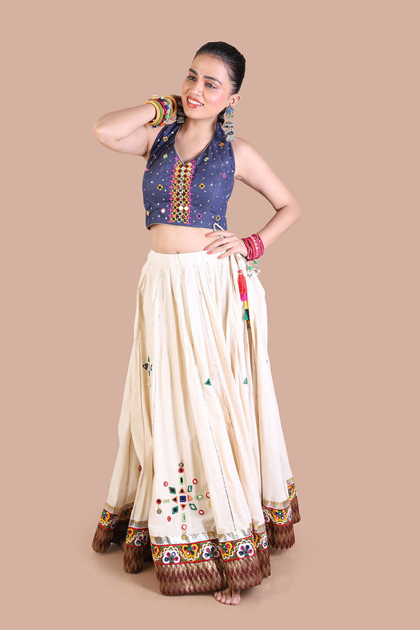 halter neck blouse hand embroidered pure cream lehenga with brick brown mirror work dupatta