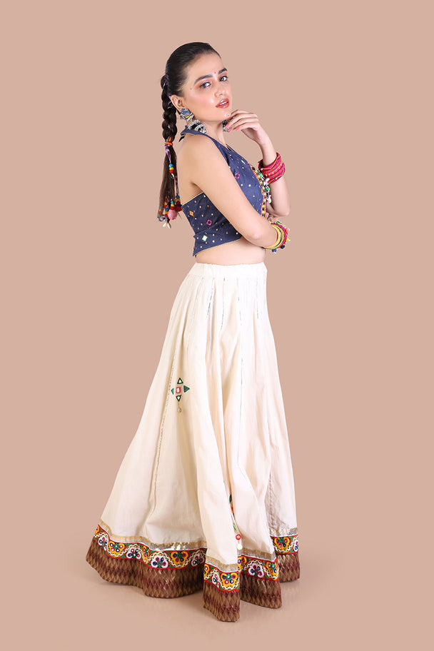 halter neck blouse hand embroidered pure cream lehenga with brick brown mirror work dupatta