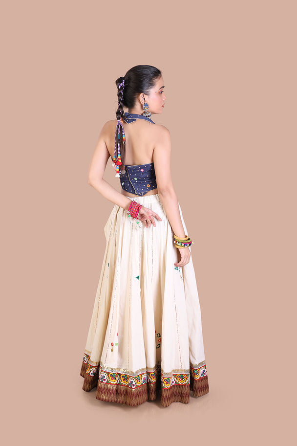halter neck blouse hand embroidered pure cream lehenga with brick brown mirror work dupatta
