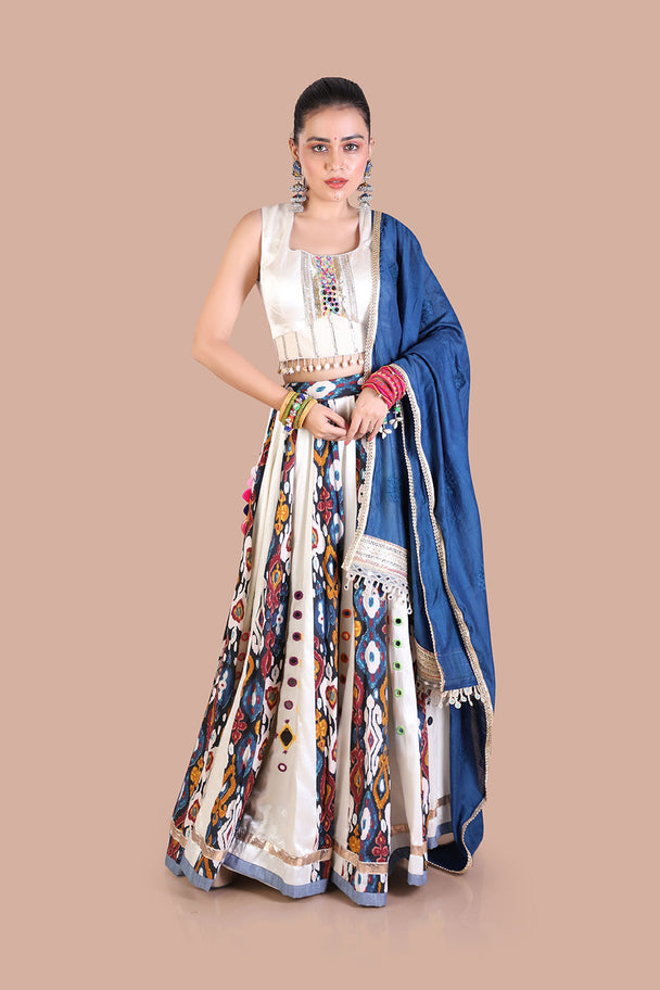 premiun ajrek print satin lehenga with hand embroidered blouse - eletric blue dupatta