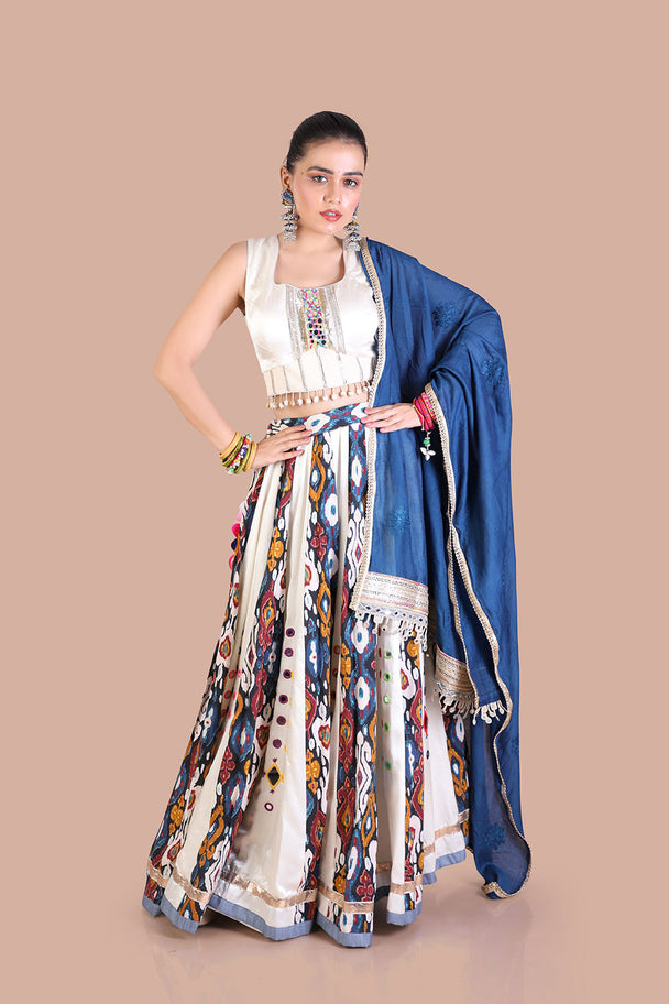 premiun ajrek print satin lehenga with hand embroidered blouse - eletric blue dupatta