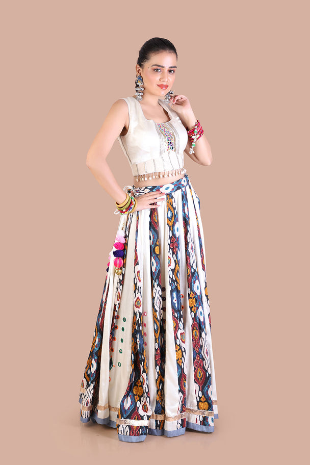 premiun ajrek print satin lehenga with hand embroidered blouse - eletric blue dupatta
