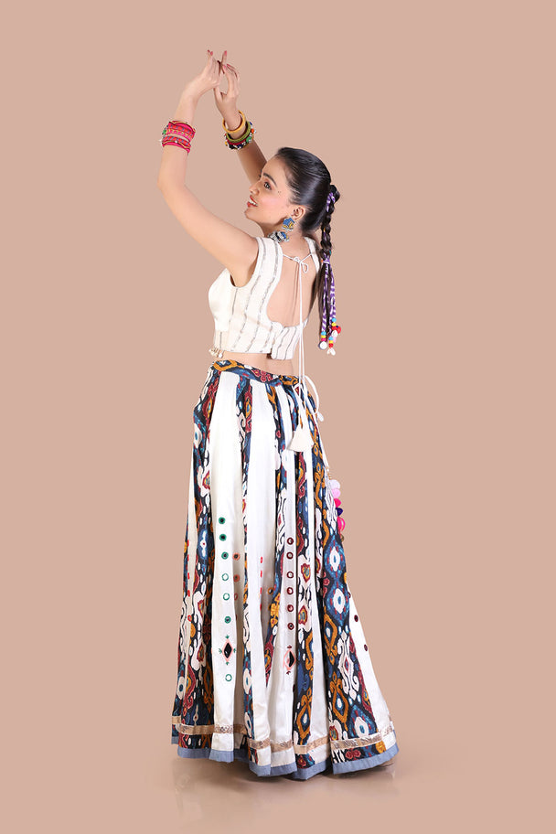 premiun ajrek print satin lehenga with hand embroidered blouse - eletric blue dupatta