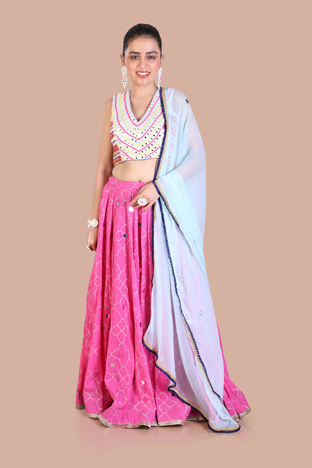mirror work choli & flared pink lehenga set with traditional border and sky dupatta