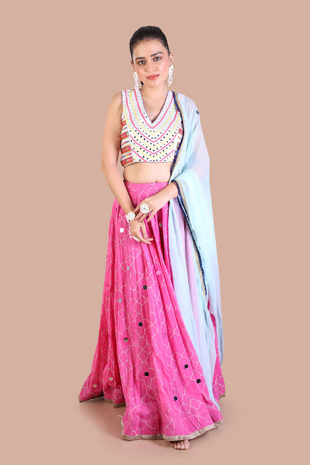 mirror work choli & flared pink lehenga set with traditional border and sky dupatta