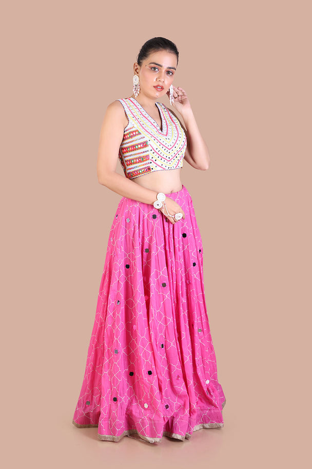 mirror work choli & flared pink lehenga set with traditional border and sky dupatta