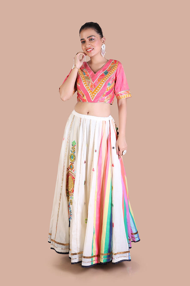 traditional cream with hand embroidered mirror work lehenga with pink blouse
