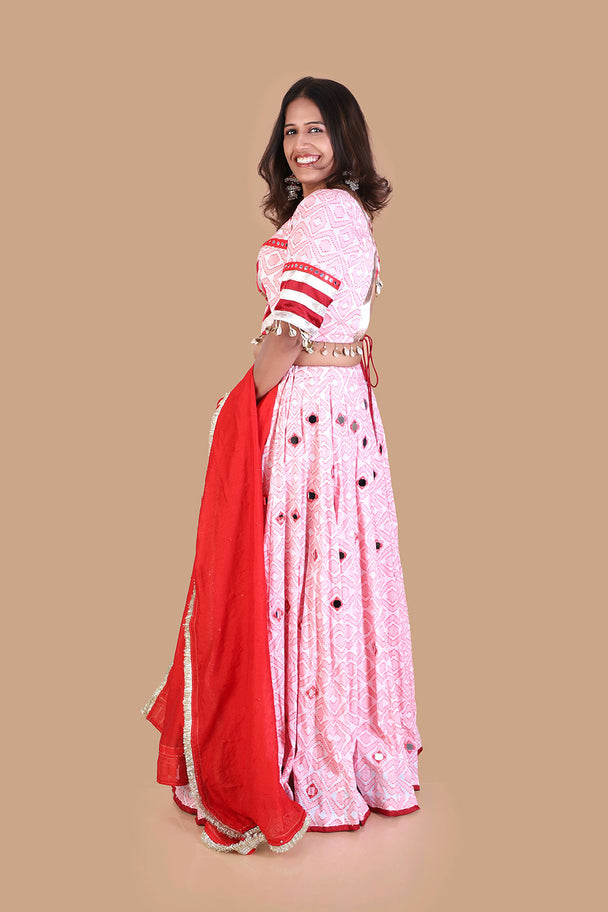 pastel pink printed lehenga with striped blouse & red dupatta