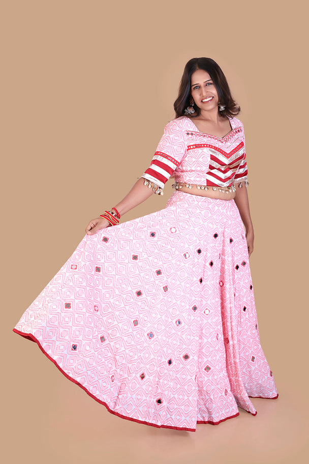 pastel pink printed lehenga with striped blouse & red dupatta