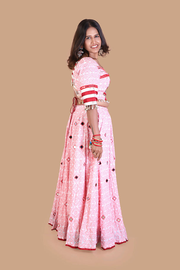 pastel pink printed lehenga with striped blouse & red dupatta
