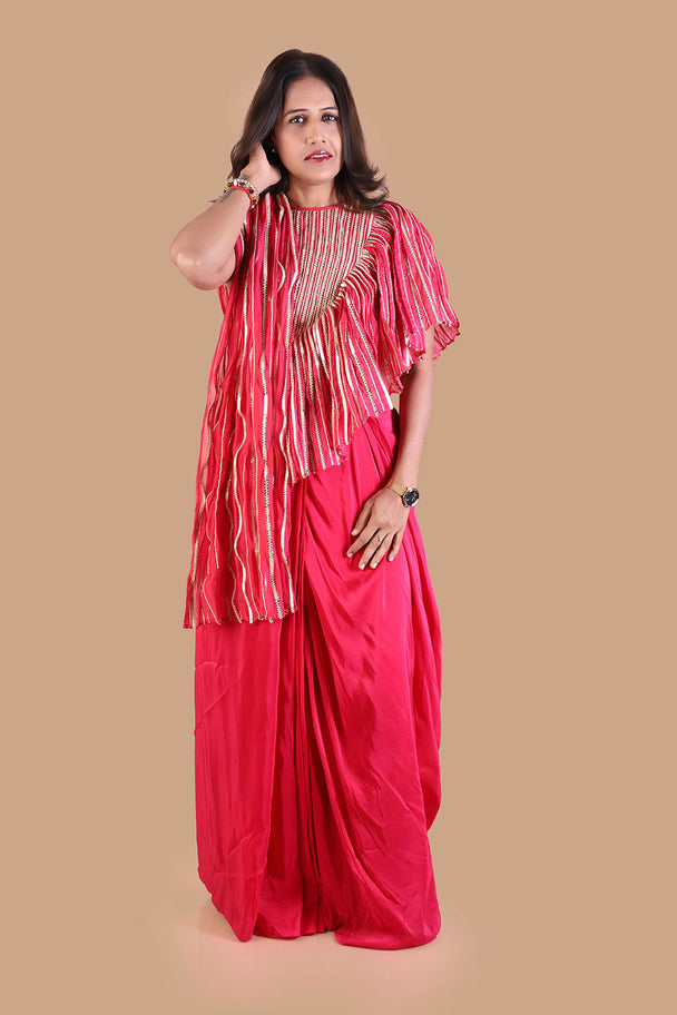 coral red striped tunic with matching flared palazzo pants