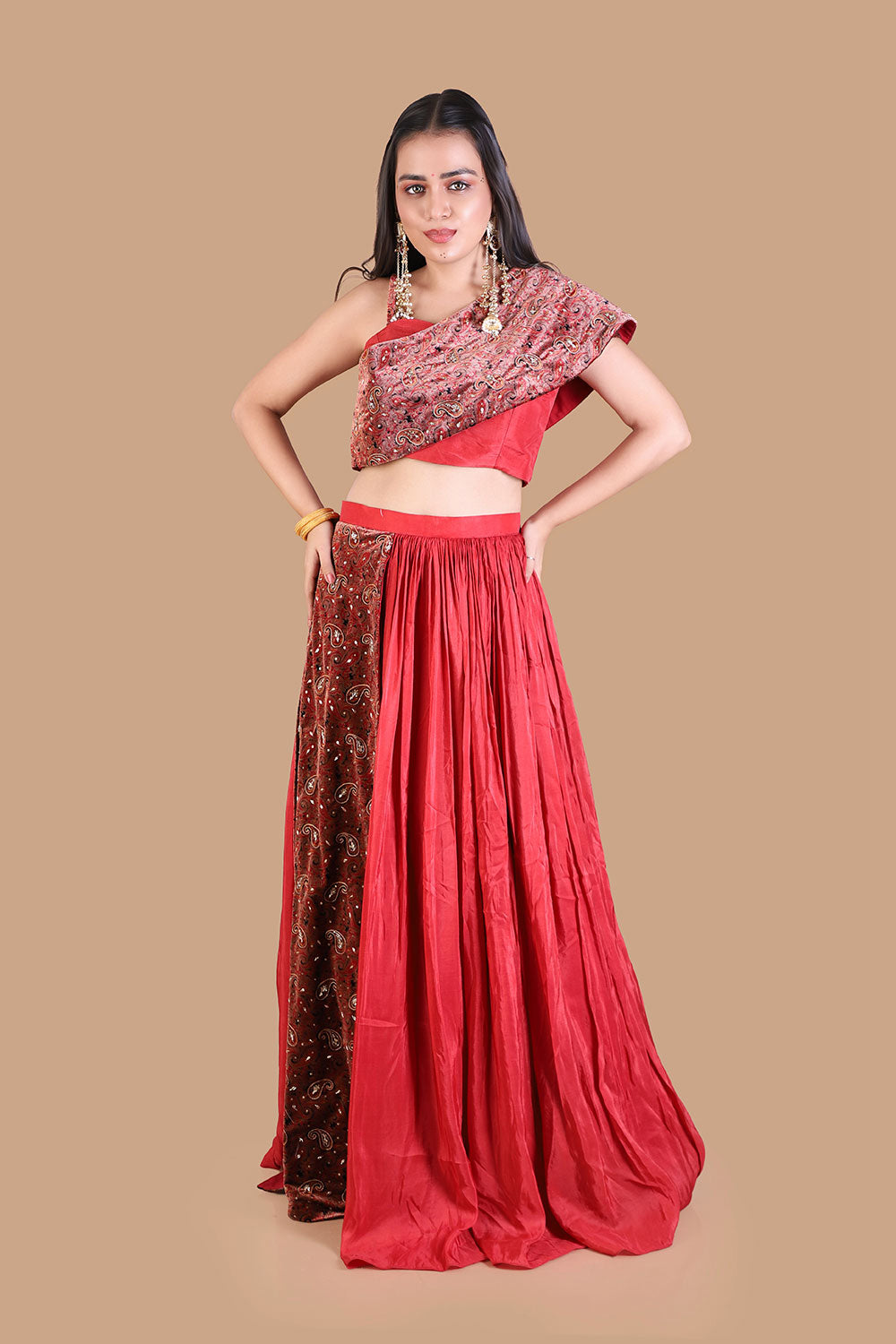 Red Embroidered Lehenga with Maroon Blouse - LABEL KAVITA