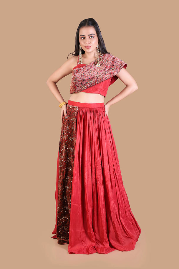 red embroidered lehenga with maroon blouse & draped dupatta
