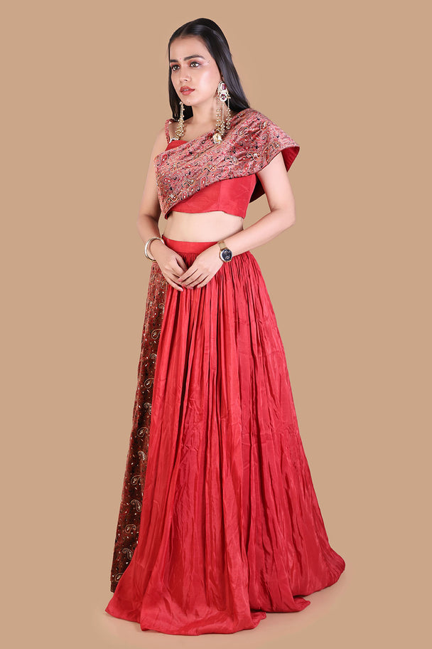 red embroidered lehenga with maroon blouse & draped dupatta