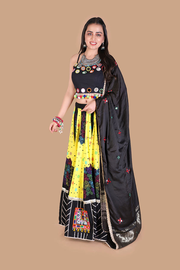 black & yellow mirror work lehenga with printed border