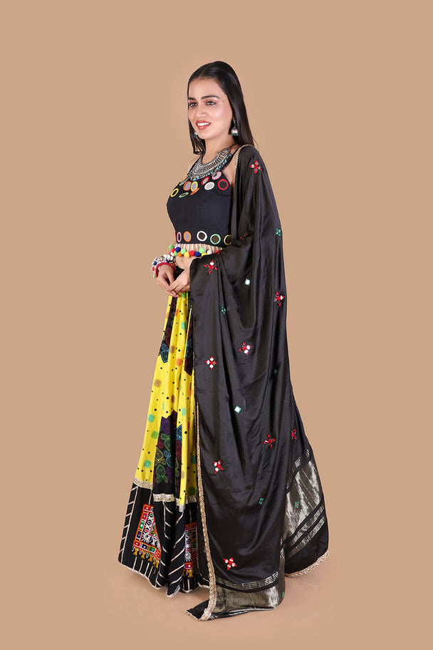 black & yellow mirror work lehenga with printed border