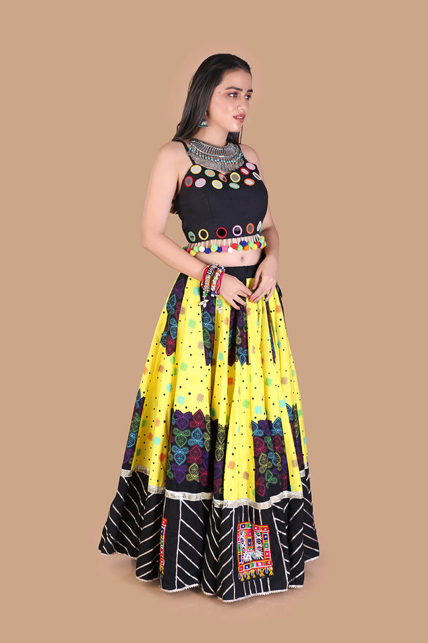 black & yellow mirror work lehenga with printed border