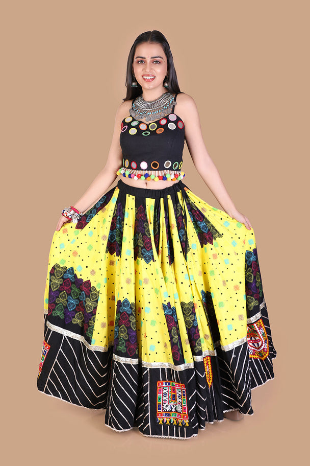 black & yellow mirror work lehenga with printed border